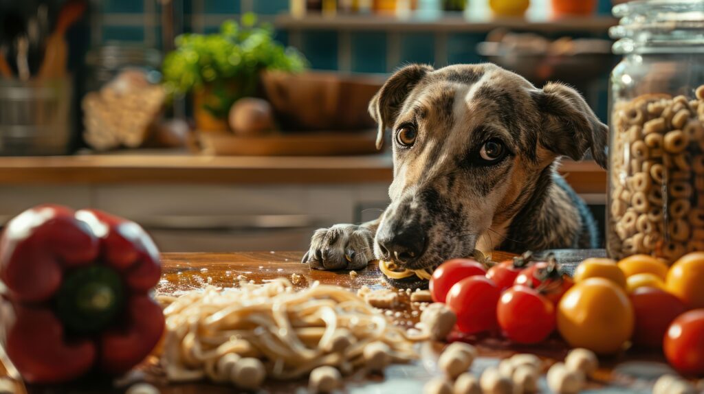 A curious dog watches eagerly as fresh ingredients are prepared for a delicious meal in a cozy kitchen