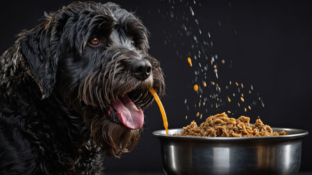A dog eating from a bowl with food splashing around.