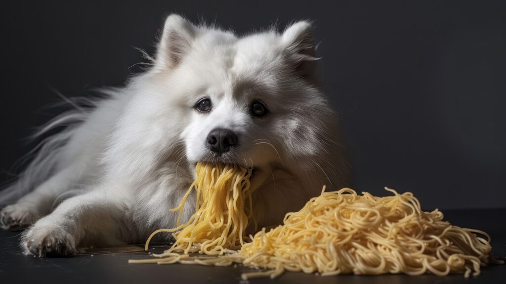 A fluffy white dog playfully chewing on a pile of spaghetti, set against a dark background