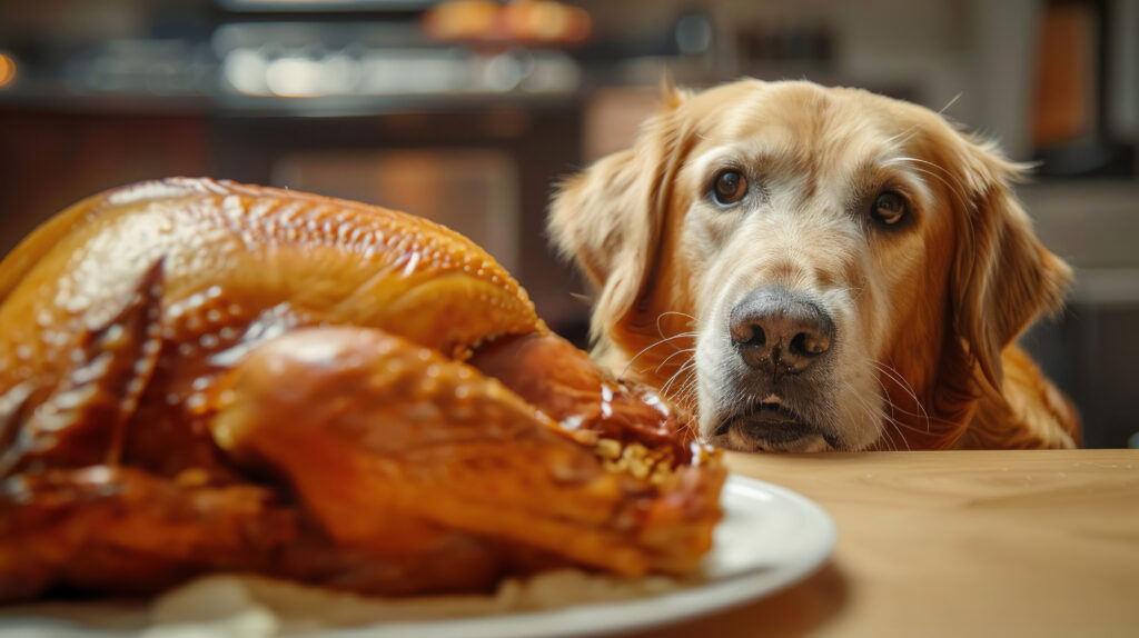 Cute Labrador dog looks with a hungry look at an appetizing golden crust roasted turkey on table for Thanksgiving Day in the fall autumn